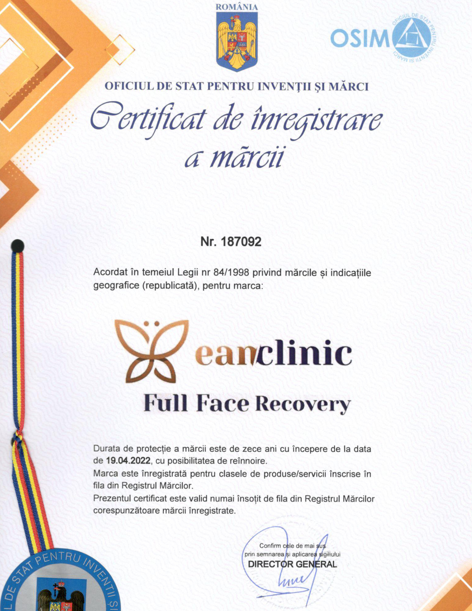Certificat de înregistrare a mărcii Full Face Recovery — OSIM România