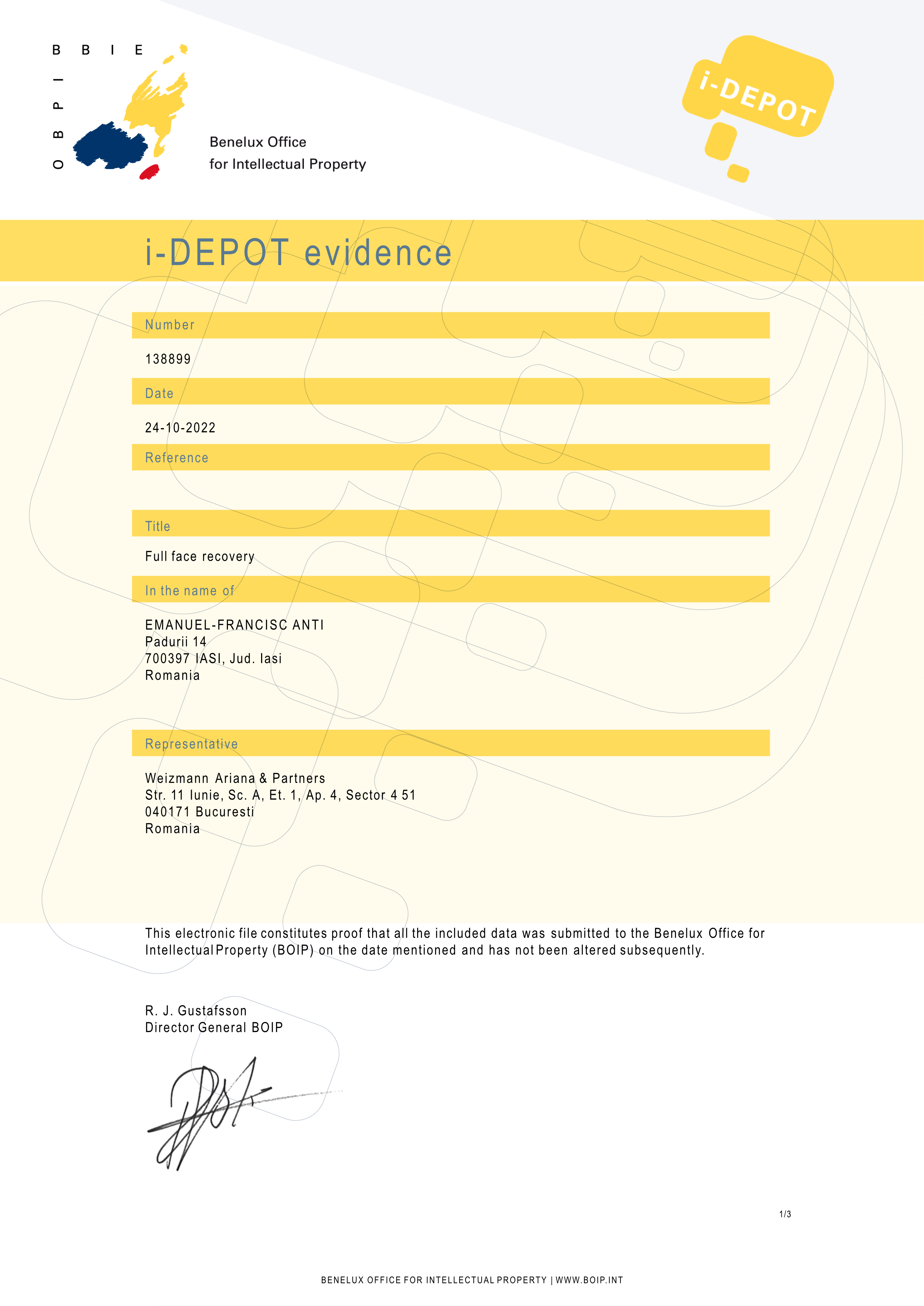 i-DEPOT evidence Full Face Recovery — Benelux Office for Intellectual Property